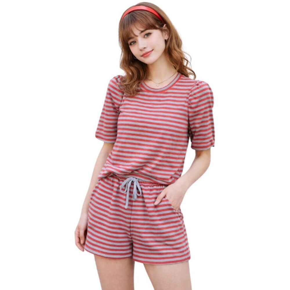 dRA Anthropologie Top Short Set Stripe Pockets Terry Cloth Retro Blue Red Size M